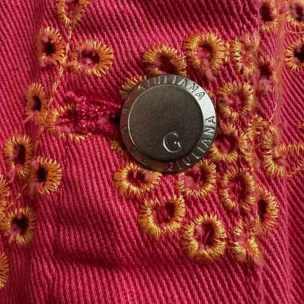G by Giuliana Women's Black Label Puff-Sleeve Eyelet Jean Jacket Magenta Size 1X